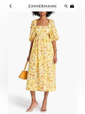 Zimmermann lightburch Yellow Floral cut out Puff-Sleeve Midi Dress size OP